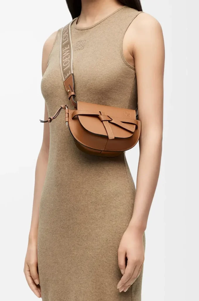 Mini Gate Dual bag in soft calfskin and jacquard Tan Mini Gate Dual bag in soft calfskin and jacquard Tan