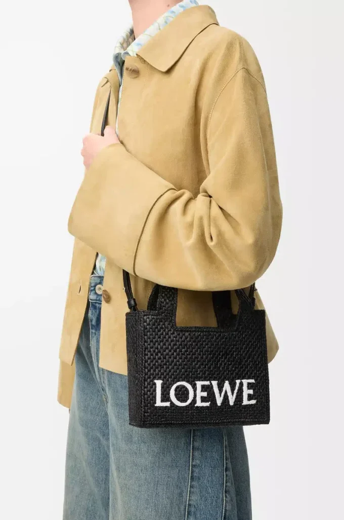 Mini LOEWE Font tote in raffia Black Mini LOEWE Font tote in raffia Black