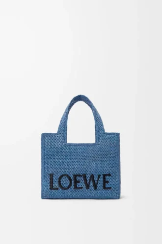 Mini LOEWE Font tote in raffia Light Blue
