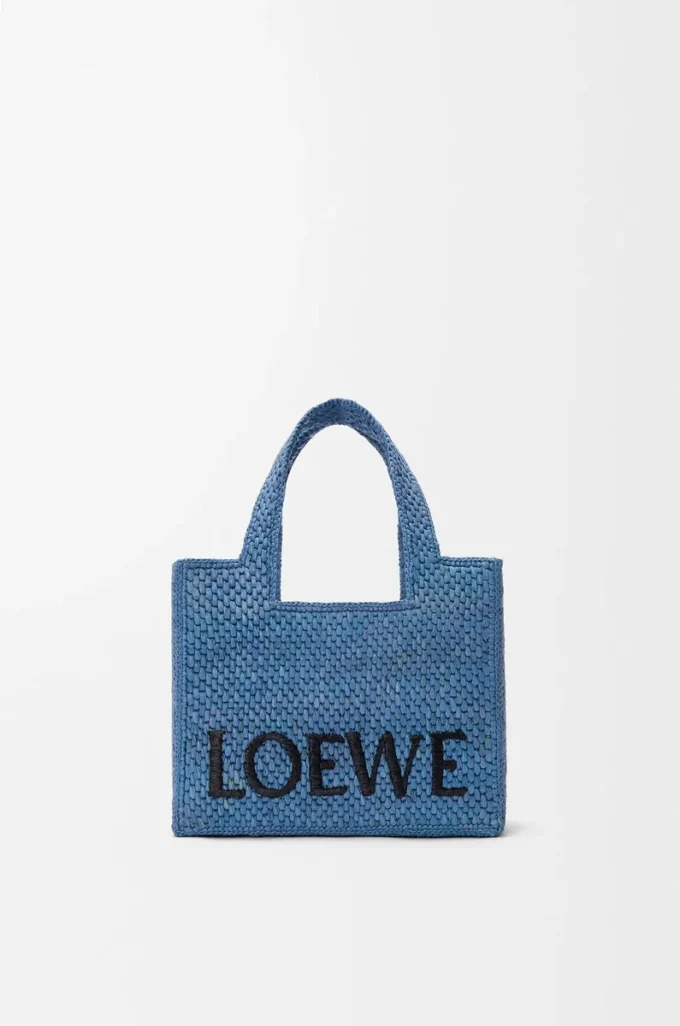 Mini LOEWE Font tote in raffia Light Blue