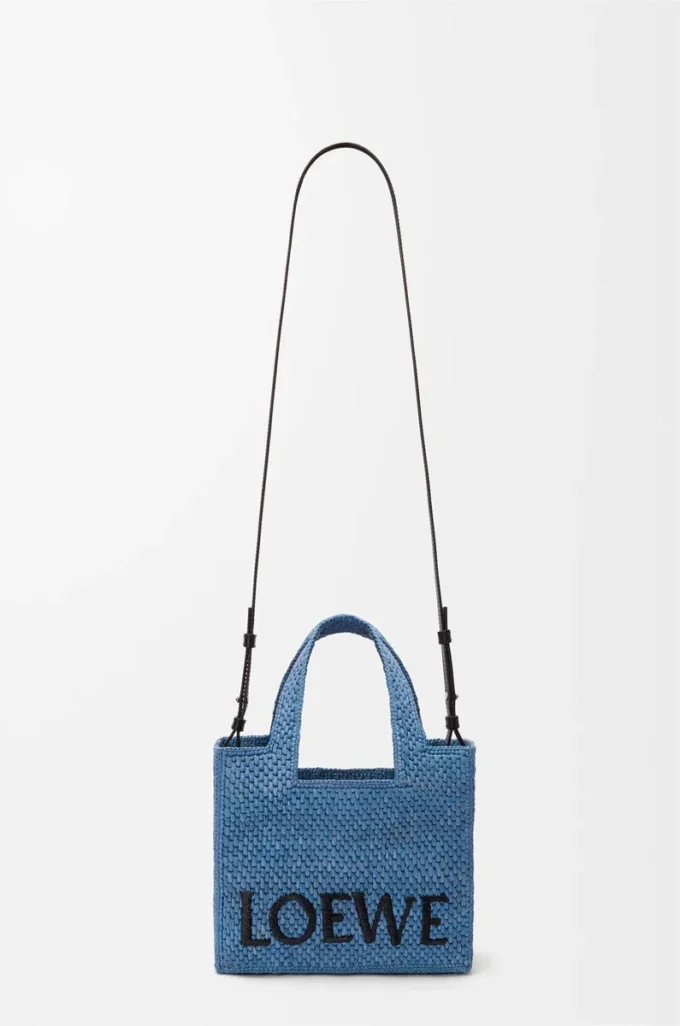 Mini LOEWE Font tote in raffia Light Blue