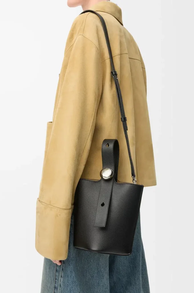 Mini Pebble Bucket bag in soft grained calfskin Black
