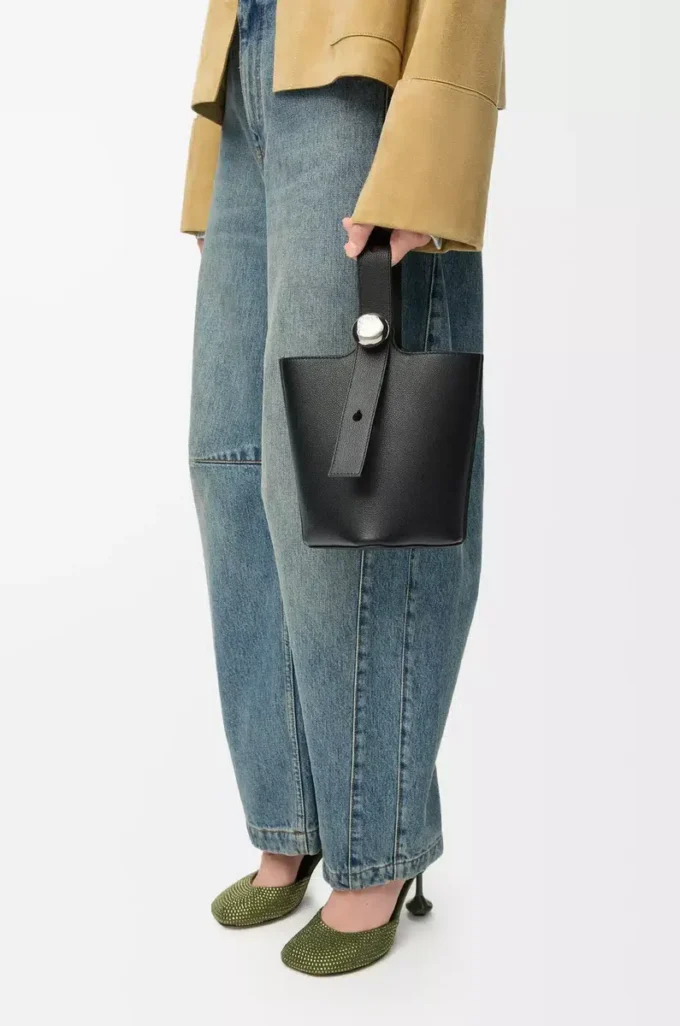 Mini Pebble Bucket bag in soft grained calfskin Black