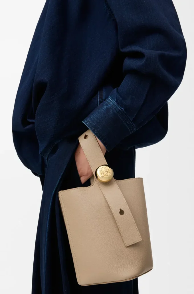 Mini Pebble Bucket bag in soft grained calfskin Sand