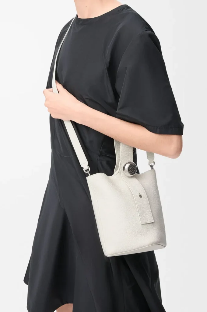 Mini Pebble Bucket bag in soft grained calfskin Soft White