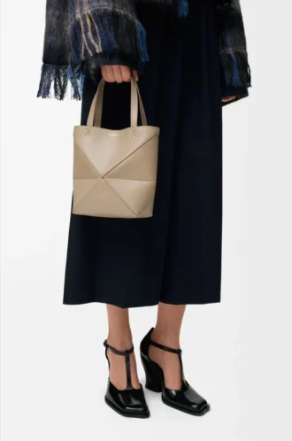 Mini Puzzle Fold tote in shiny calfskin Sand