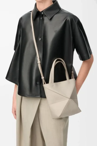 Mini Puzzle Fold tote in soft grained calfskin Light Ghost