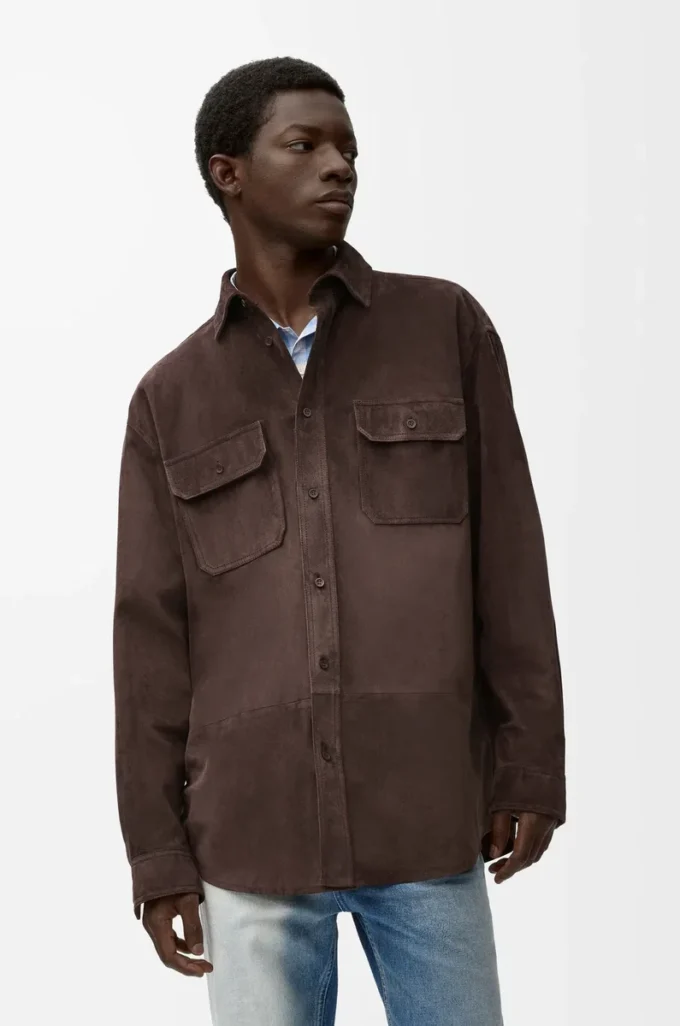 Overshirt in suede calfskin Dark Brown