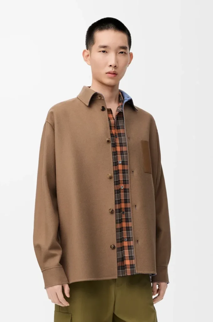 Overshirt in virgin wool and cashmere Camel/Blue
