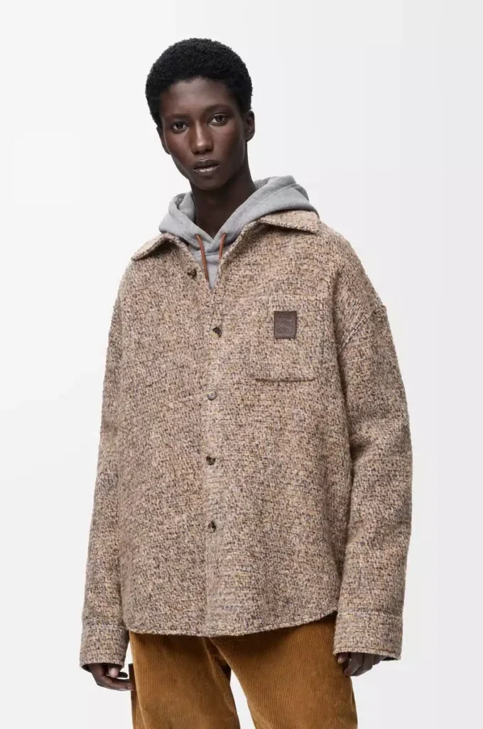 Overshirt in wool and llama blend Beige/Blue Melange