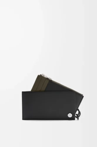 Pebble Slider coin cardholder in shiny nappa calfskin Black/Dark Khaki