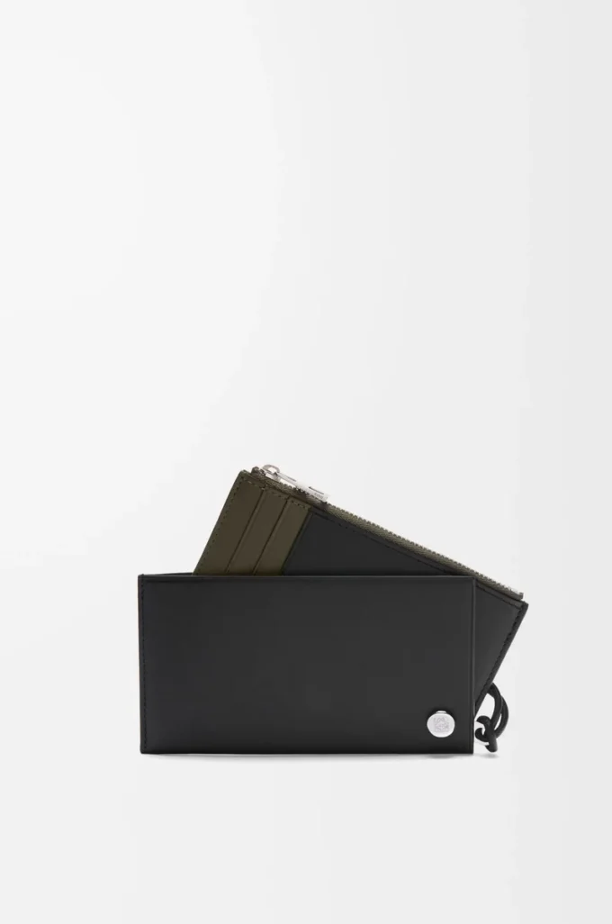 Pebble Slider coin cardholder in shiny nappa calfskin Black/Dark Khaki