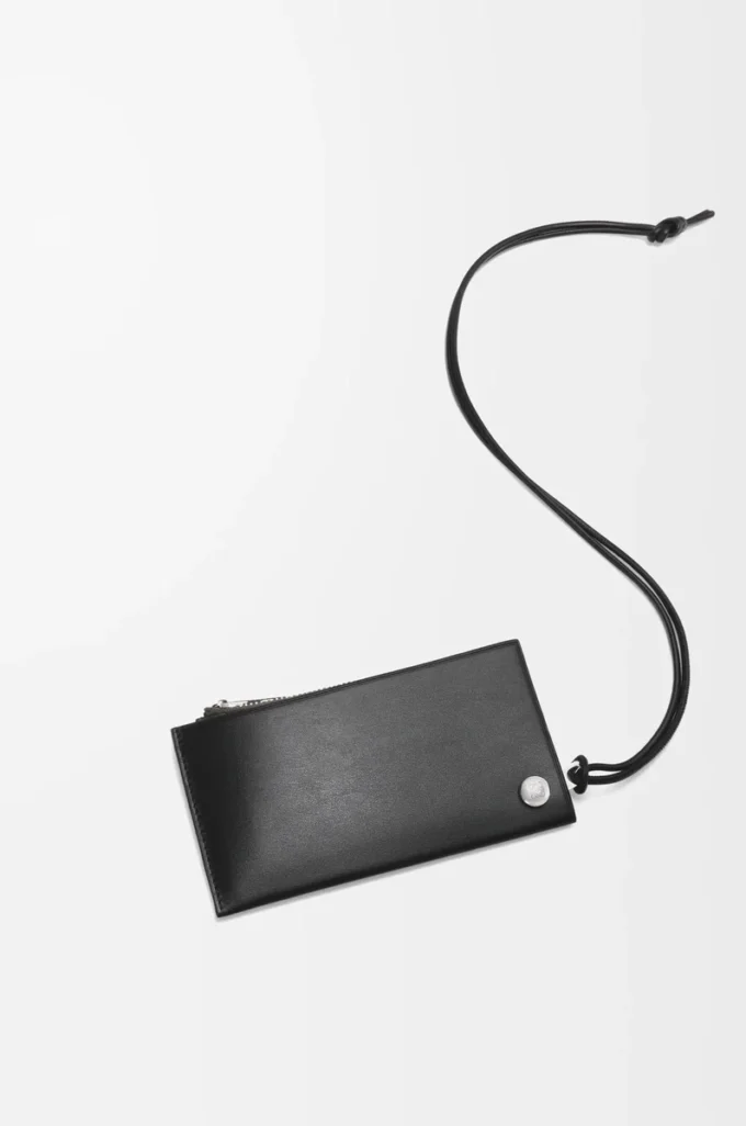 Pebble Slider coin cardholder in shiny nappa calfskin Black/Dark Khaki