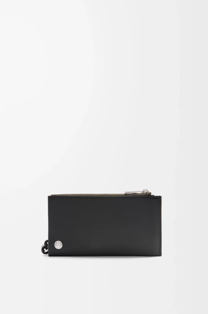 Pebble Slider coin cardholder in shiny nappa calfskin Black/Dark Khaki