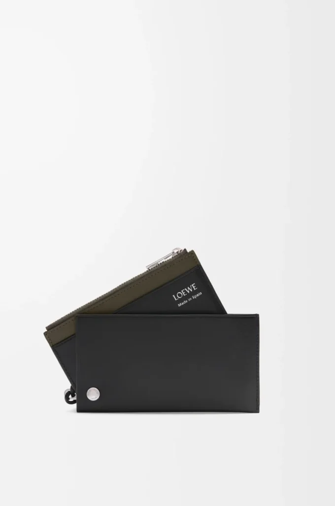Pebble Slider coin cardholder in shiny nappa calfskin Black/Dark Khaki