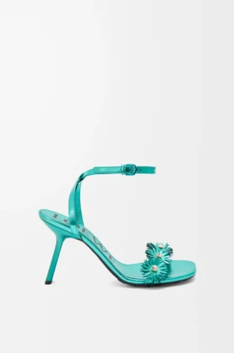 Petal Flower sandal in calfskin and crystals Turquoise