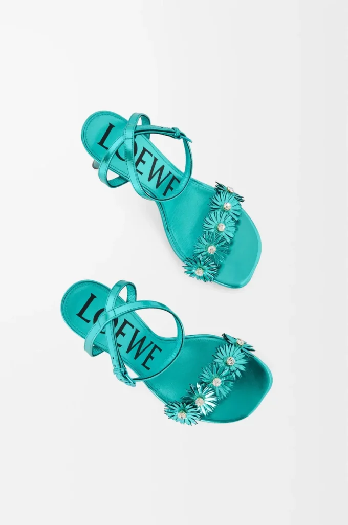 Petal Flower sandal in calfskin and crystals Turquoise
