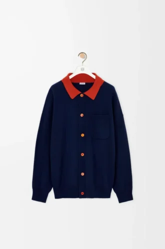 Polo cardigan in wool Navy Blue/Orange
