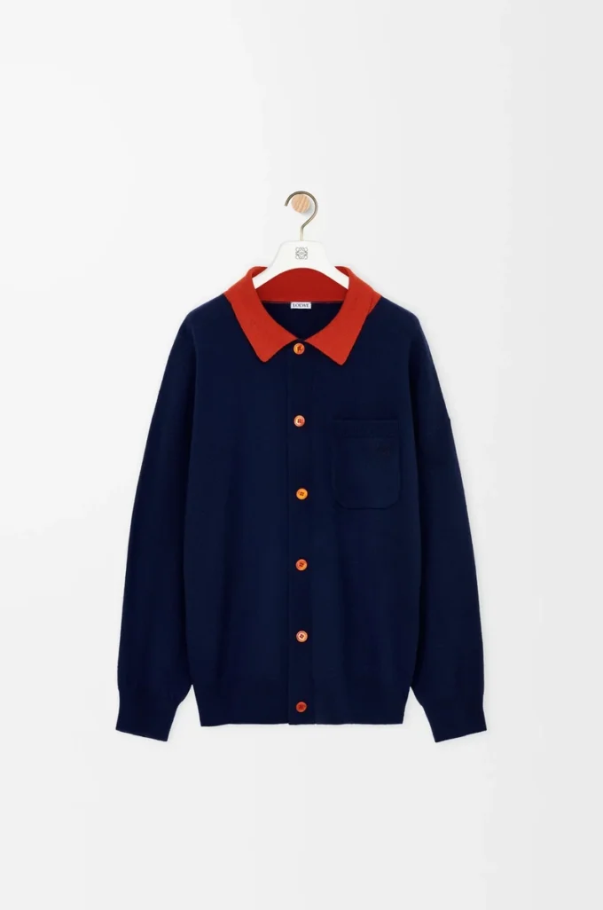 Polo cardigan in wool Navy Blue/Orange Polo cardigan in wool Navy Blue/Orange