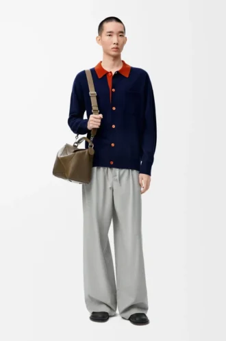 Polo cardigan in wool Navy Blue/Orange