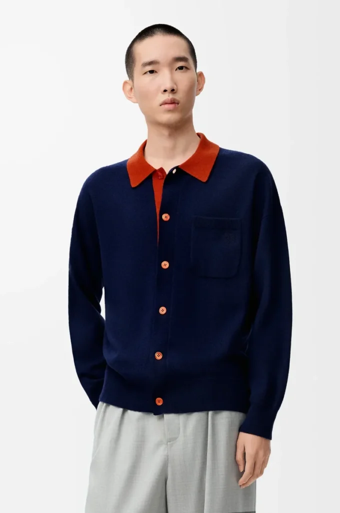 Polo cardigan in wool Navy Blue/Orange Polo cardigan in wool Navy Blue/Orange