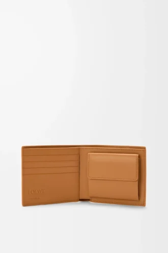 Puzzle bifold coin wallet in supple grained calfskin Light Canyon Brown