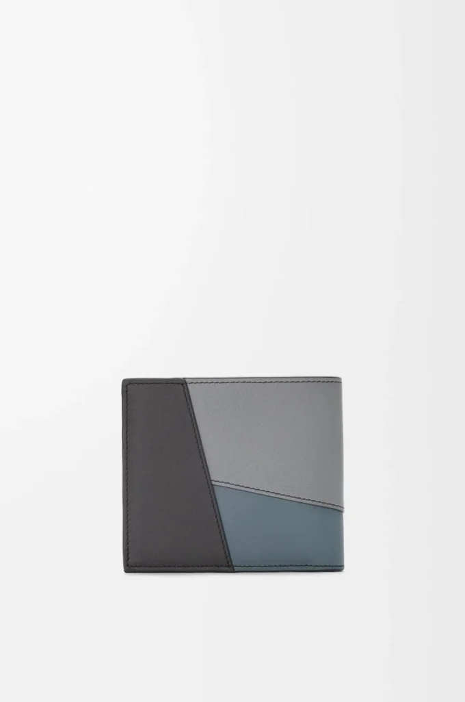 Puzzle bifold wallet in classic calfskin Asphalt Grey/Storm Blue