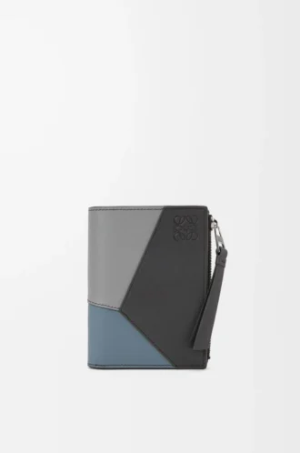 Puzzle slim compact wallet in classic calfskin Asphalt Grey/Storm Blue