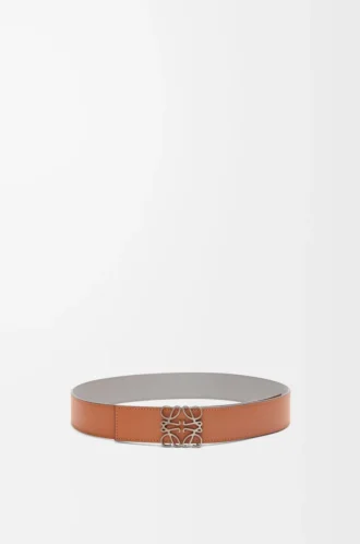Reversible Anagram belt in smooth calfskin Tan/Asphalt Grey/Pewter
