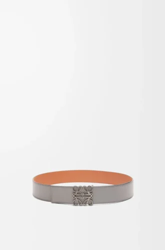 Reversible Anagram belt in smooth calfskin Tan/Asphalt Grey/Pewter