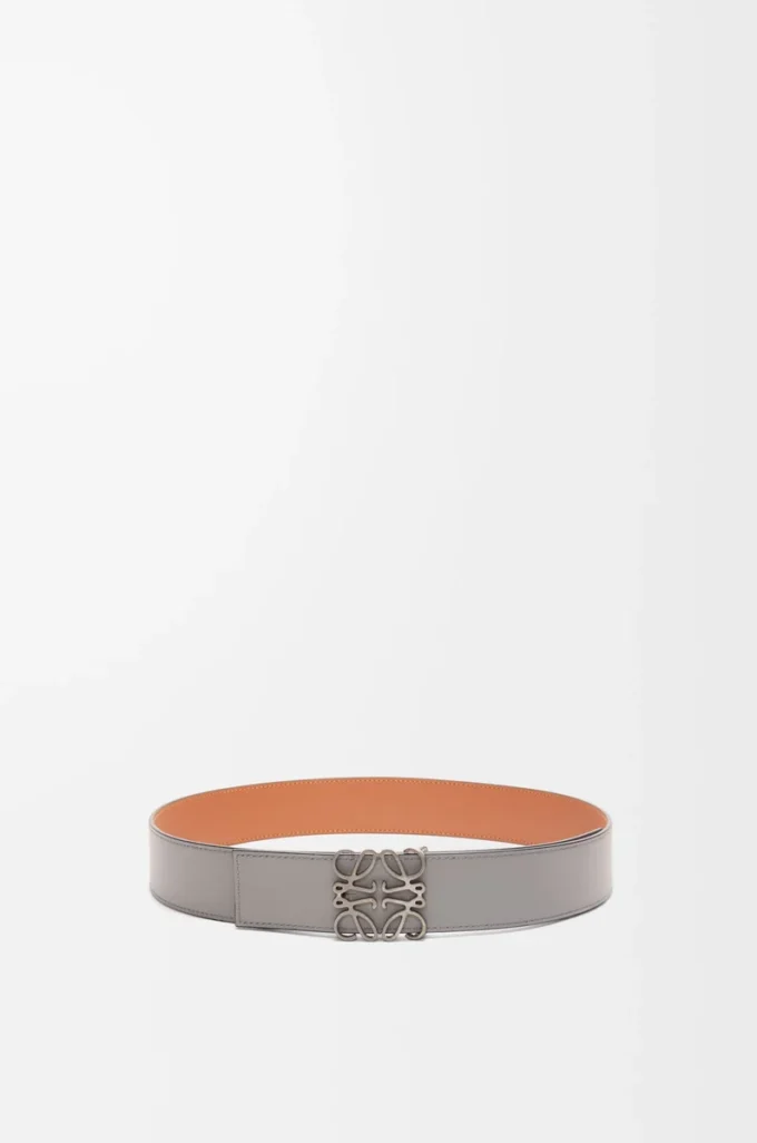 Reversible Anagram belt in smooth calfskin Tan/Asphalt Grey/Pewter Reversible Anagram belt in smooth calfskin Tan/Asphalt Grey/Pewter