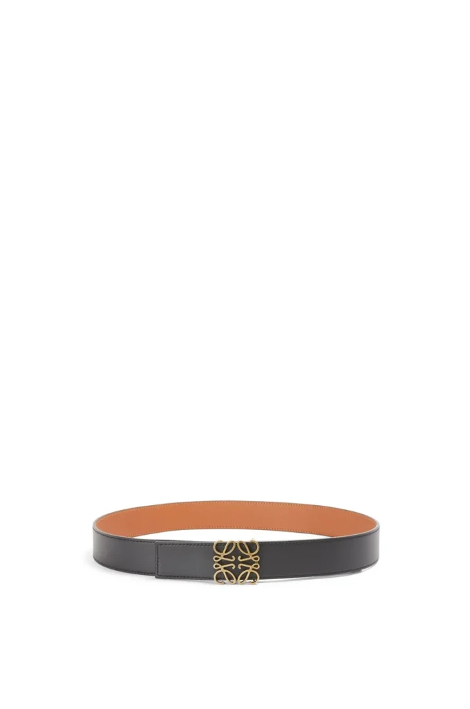 Reversible Anagram belt in soft grained calfskin and smooth calfskin Tan/Black/Old Gold Reversible Anagram belt in soft grained calfskin and smooth calfskin Tan/Black/Old Gold