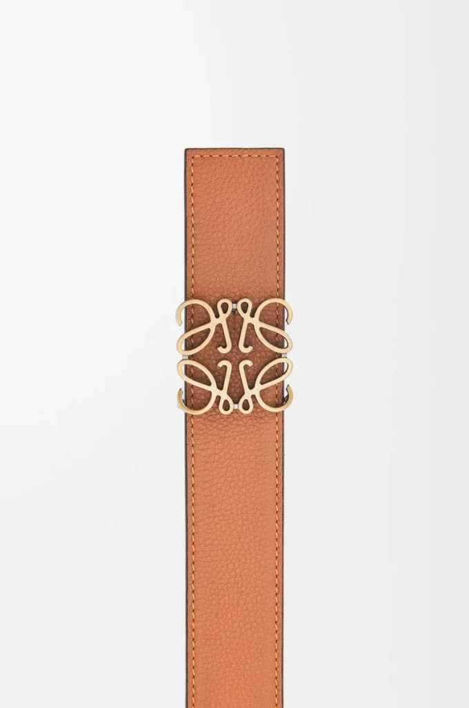 Reversible Anagram belt in soft grained calfskin and smooth calfskin Tan/Black/Old Gold Reversible Anagram belt in soft grained calfskin and smooth calfskin Tan/Black/Old Gold