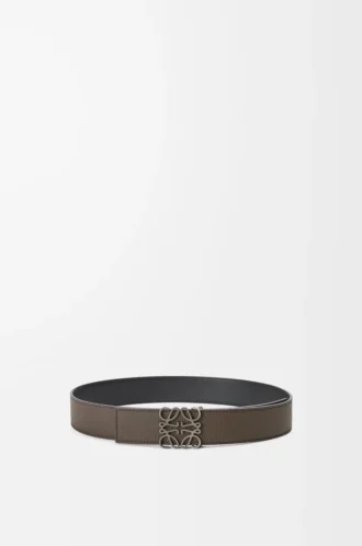 Reversible Anagram belt in soft grained calfskin and smooth calfskin Tundra/Black/Pewter
