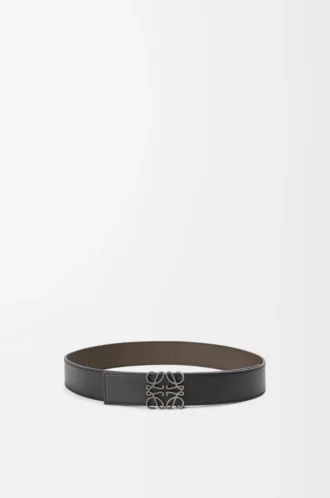 Reversible Anagram belt in soft grained calfskin and smooth calfskin Tundra/Black/Pewter