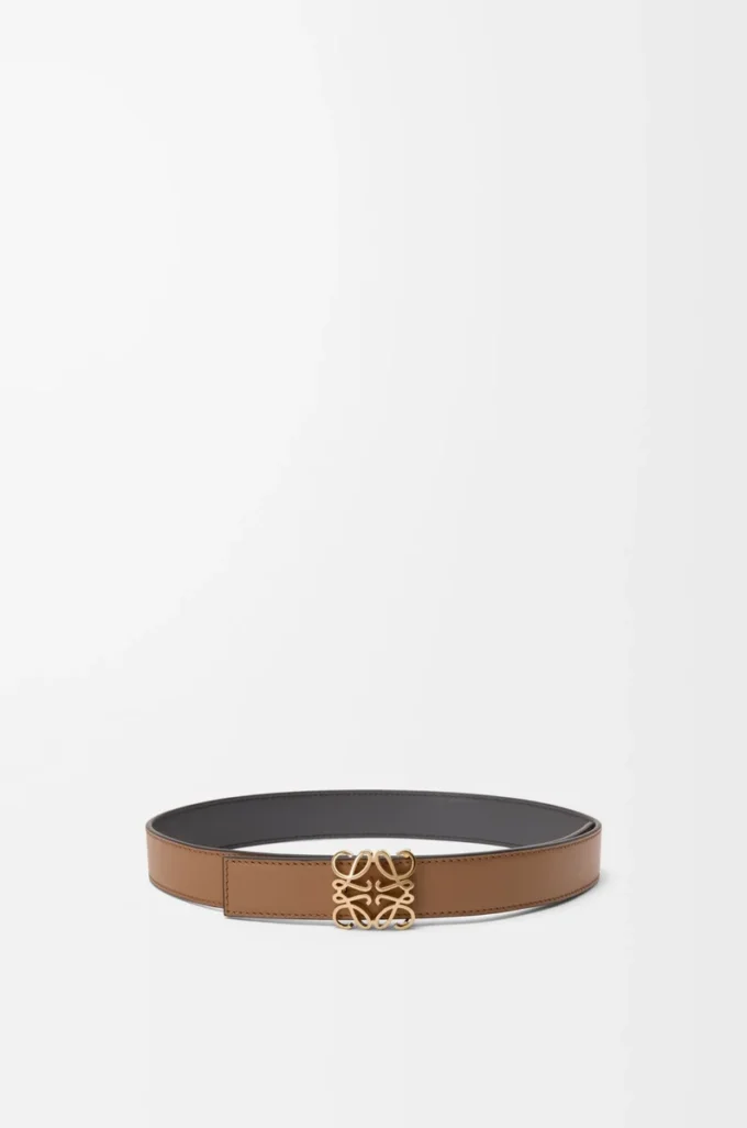 Reversible Anagram Bombé belt in smooth calfskin Mocha/Slate Reversible Anagram Bombé belt in smooth calfskin Mocha/Slate