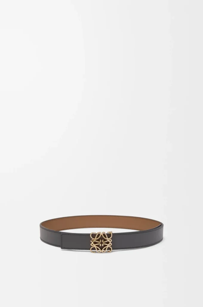 Reversible Anagram Bombé belt in smooth calfskin Mocha/Slate Reversible Anagram Bombé belt in smooth calfskin Mocha/Slate