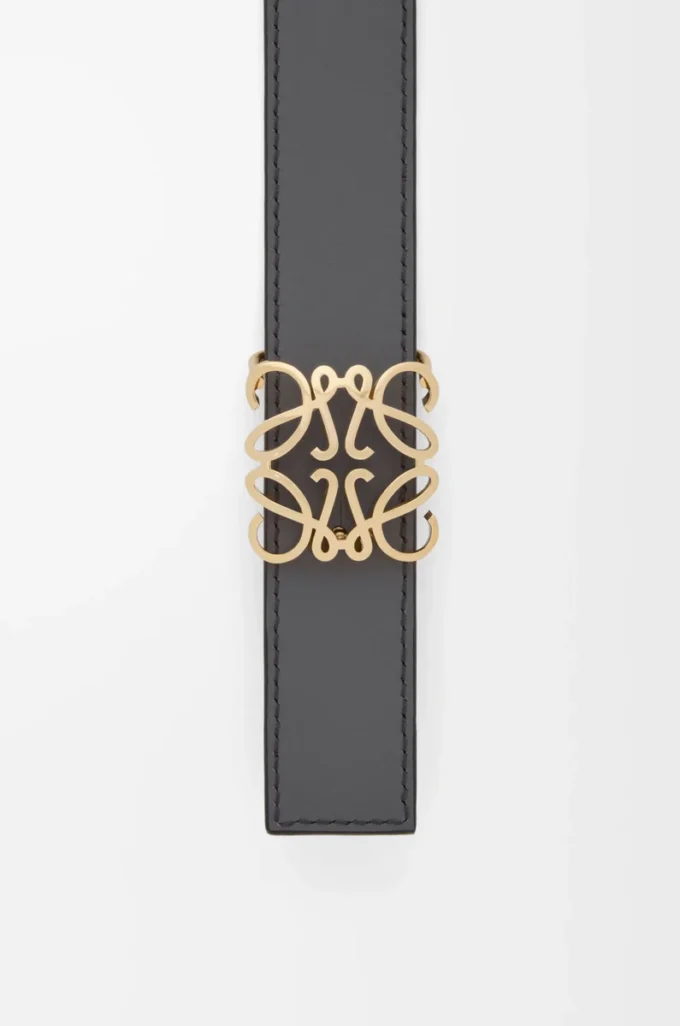 Reversible Anagram Bombé belt in smooth calfskin Mocha/Slate Reversible Anagram Bombé belt in smooth calfskin Mocha/Slate