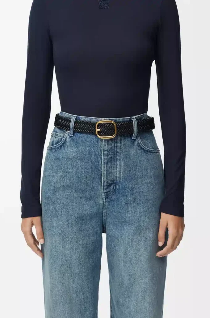 Rounded soft woven belt in calfskin Black/Gold Rounded soft woven belt in calfskin Black/Gold