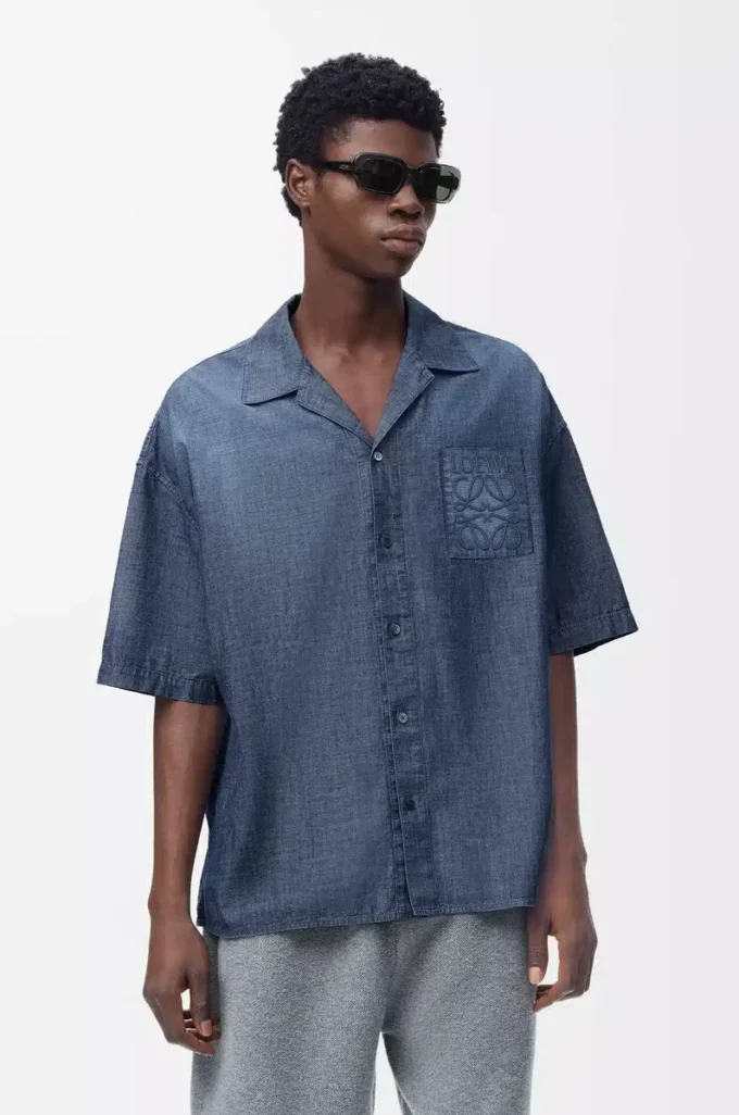 Short sleeve shirt in cotton Washed Blue