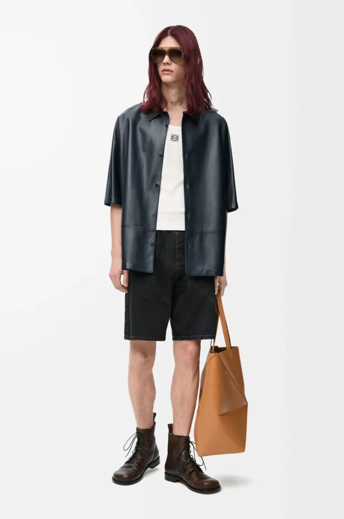 Short sleeve shirt in nappa lambskin Dark Navy Short sleeve shirt in nappa lambskin Dark Navy