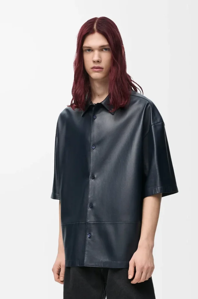 Short sleeve shirt in nappa lambskin Dark Navy Short sleeve shirt in nappa lambskin Dark Navy