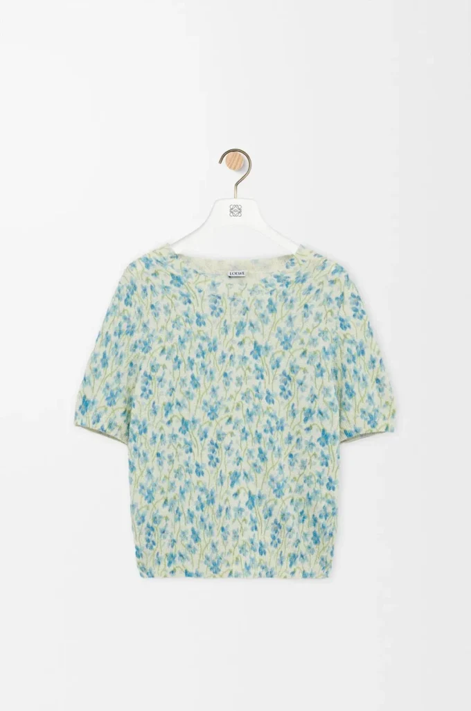 Short sleeve sweater in cotton blend White/Blue