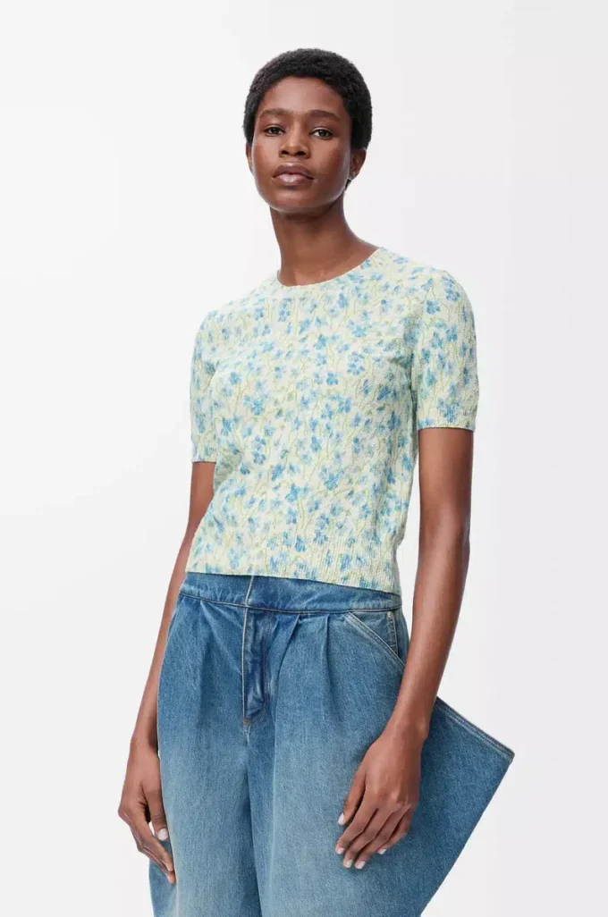 Short sleeve sweater in cotton blend White/Blue