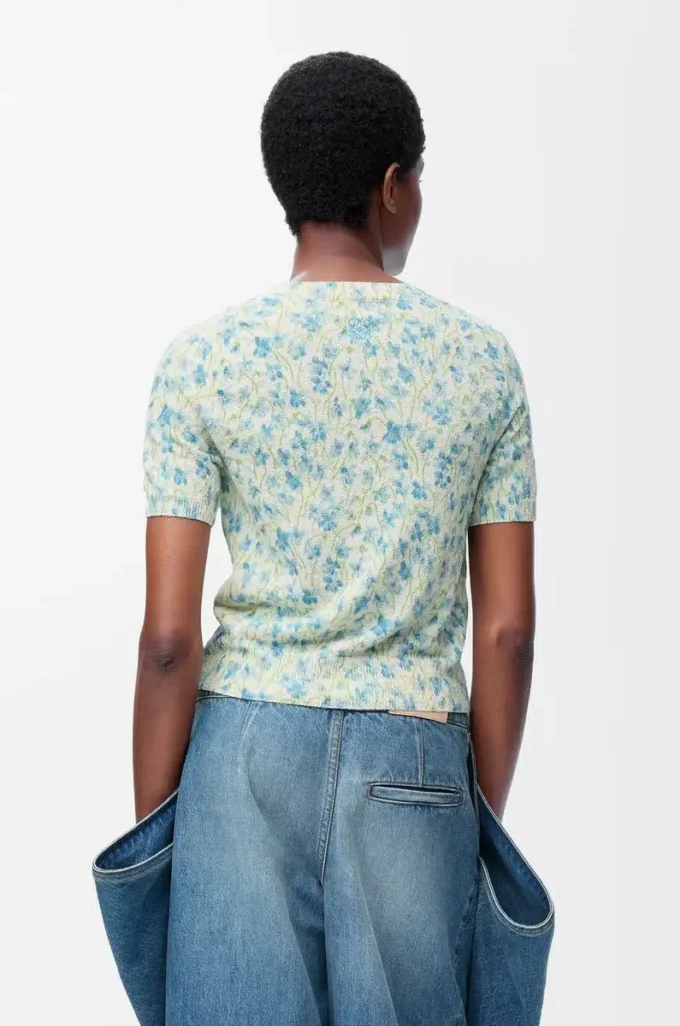 Short sleeve sweater in cotton blend White/Blue