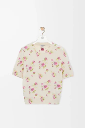 Short sleeve sweater in cotton blend White/Pink