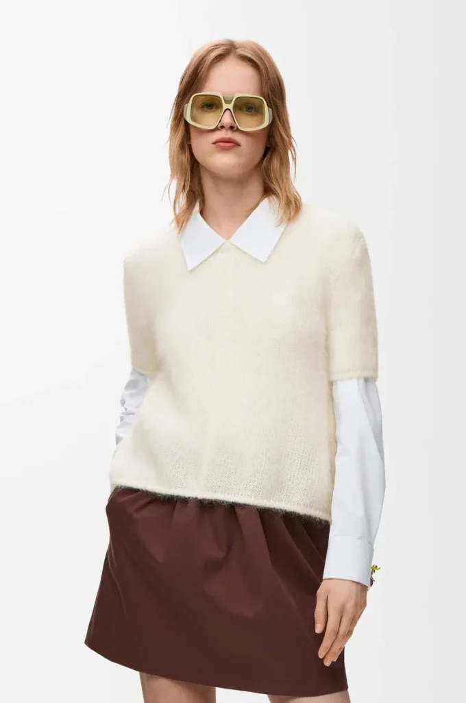 Short sleeve sweater in mohair blend White Short sleeve sweater in mohair blend White