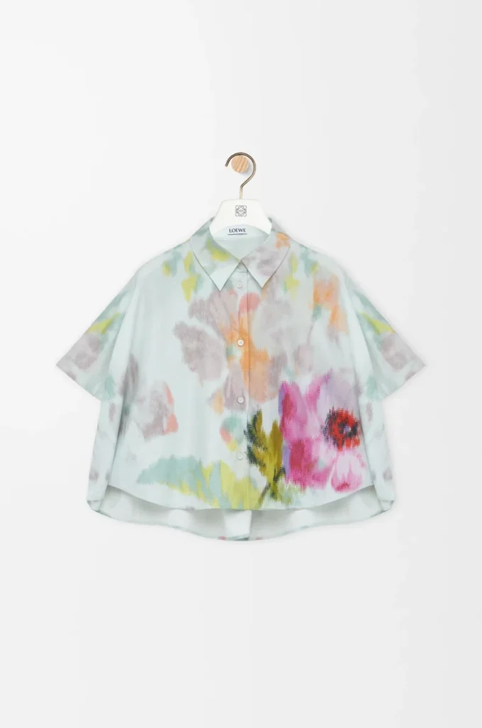 Short sleeve trapeze shirt in cotton and silk Light Blue/Multicolor Short sleeve trapeze shirt in cotton and silk Light Blue/Multicolor