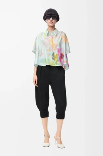 Short sleeve trapeze shirt in cotton and silk Light Blue/Multicolor