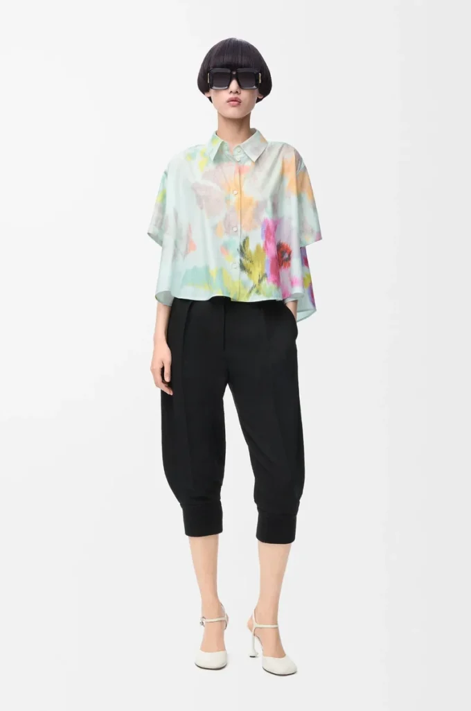 Short sleeve trapeze shirt in cotton and silk Light Blue/Multicolor Short sleeve trapeze shirt in cotton and silk Light Blue/Multicolor